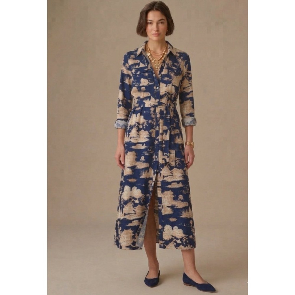 J.McLaughlin Blue Cream Toile Scenic Button Front Belted Midi Shirt Dress M